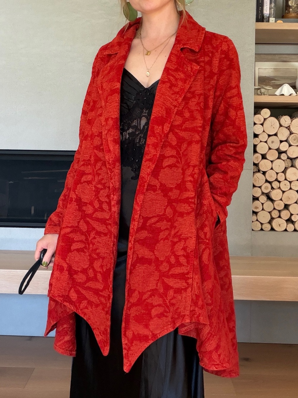 Vintage tapestry brocade open coat orange small
